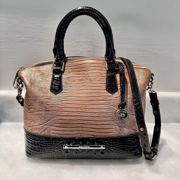Brahmin Duxbury Satchel Golden Taupe Ombre Dark Brown Embossed Leather Excellent - Picture 1 of 8